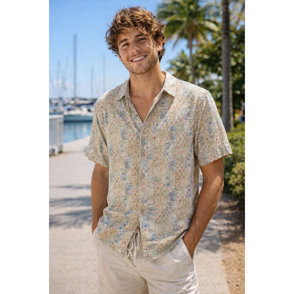 Margaritaville Silk Linen Button Up Shirt – Tropical Coastal Print Short Sleeve